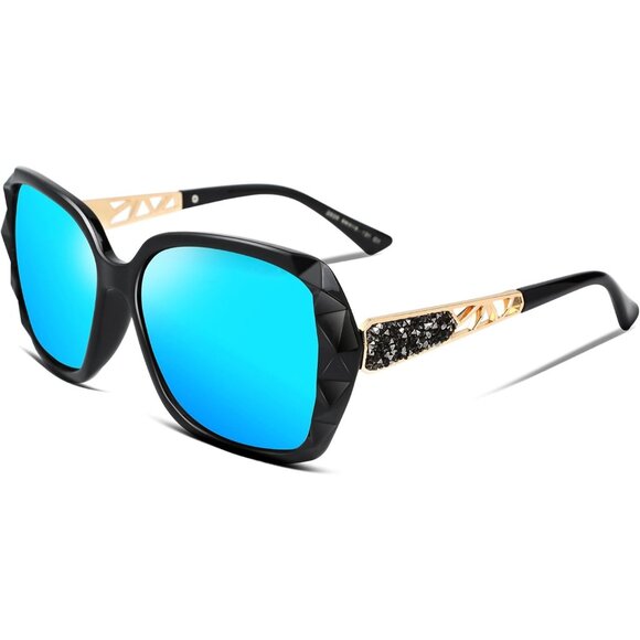 Women's Crystal Square Blue Sunglasses Sparkling Composite Shiny Frame Design - Picture 1 of 8